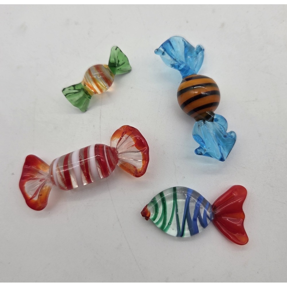 Vtg Set of 4 Murano Style Hand Blown Art Glass Candy Wrapped Swirls Blue Red Grn